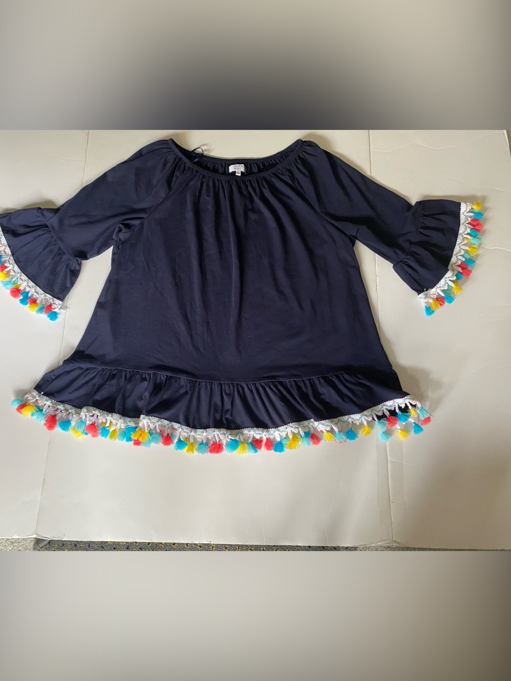 crown & ivy Navy Blue Pom-Pom Trim Peasant Top